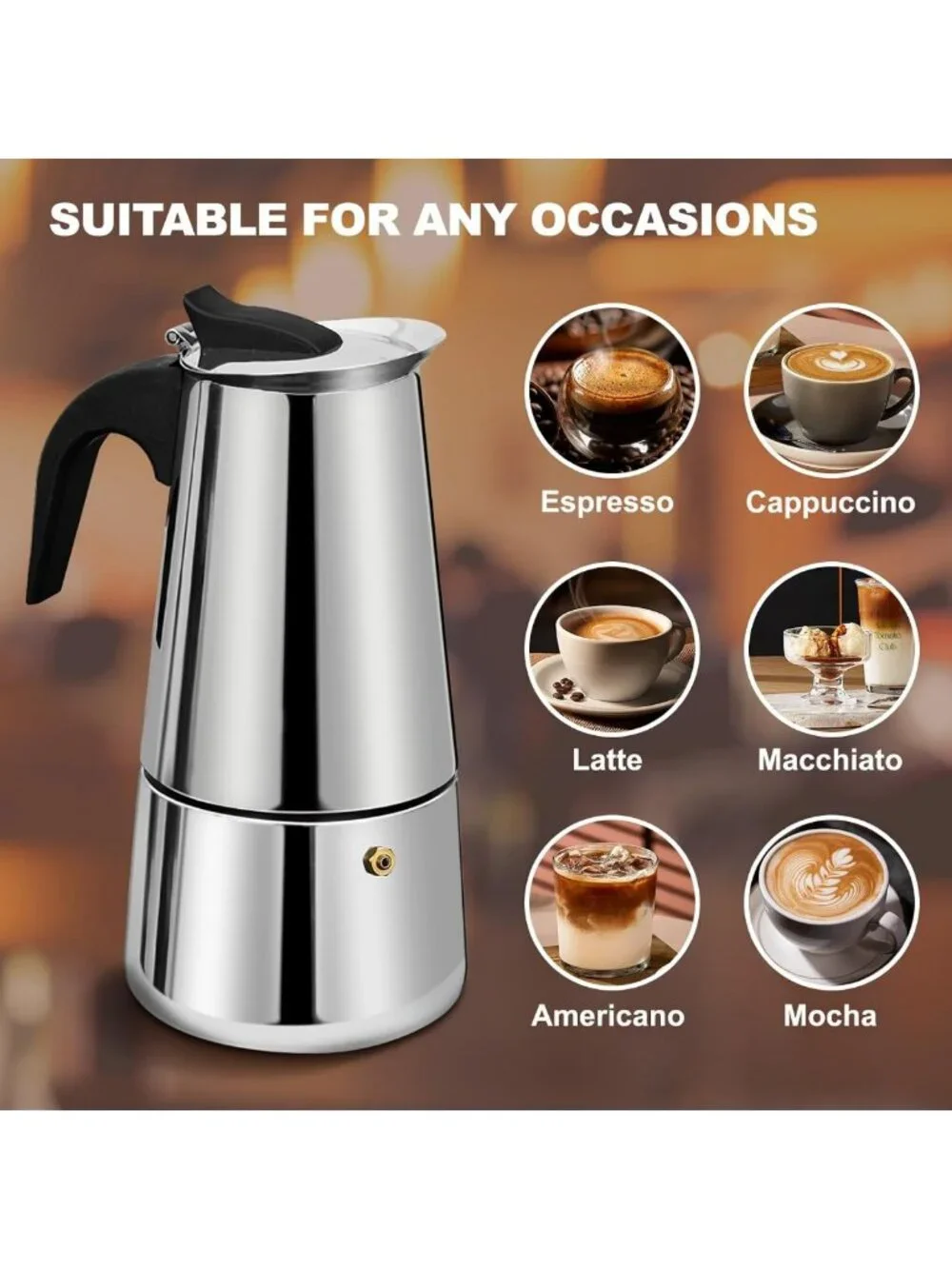 Stainless Steel Moka Pot Espresso Maker - 4 Cup Stovetop Percolator for Home